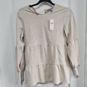 NWT Blue Tassel Tan Tiered Long Sleeve Blouse